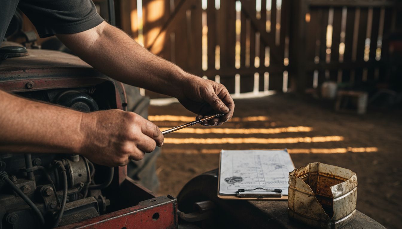 Hands checking tractor engine oil checklist