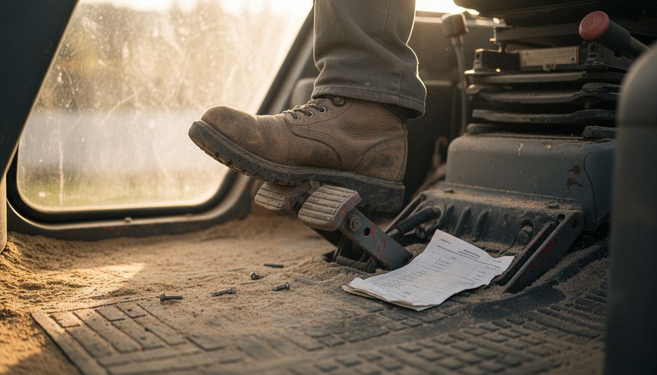 Tractor operator pressing brake pedal in cab