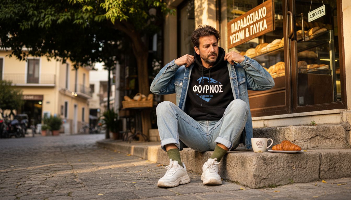 Πώς Να Φορέσεις Τζιν Με Στιλ Για Μοναδικό Street Look 1 Ένας Άνδρας Ντυμένος Με Διαφορετικές Στρώσεις Τζιν Ποζάρει Έξω Από Ένα Φούρνο.