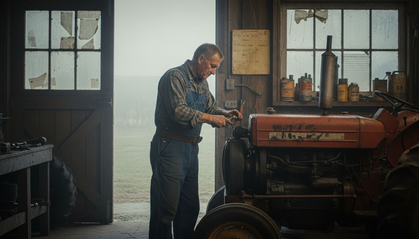 Mechanic maintaining tractor in rustic workshop