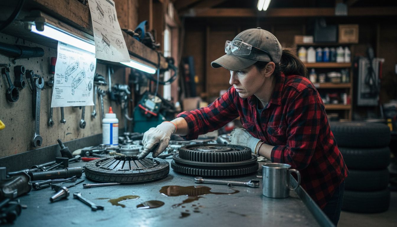 Mechanic examining tractor clutch components
