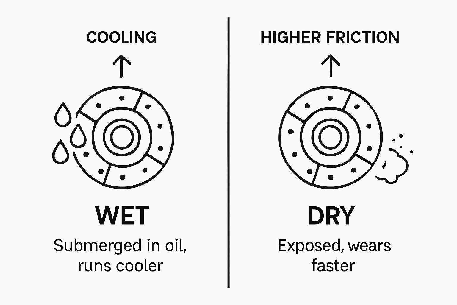 Infographic comparing wet versus dry tractor clutches
