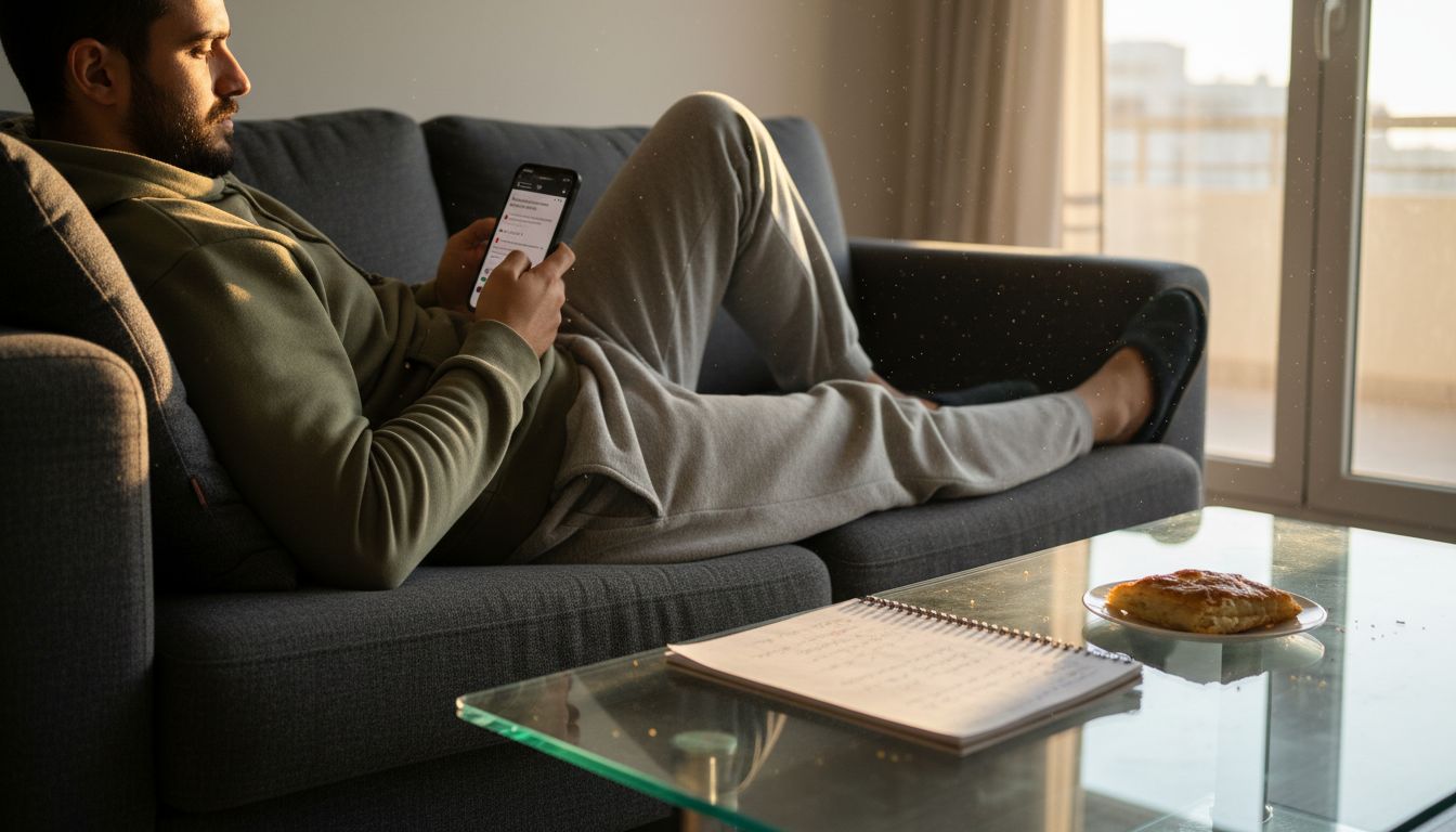 Ένας Άνδρας Κάθεται Στο Σπίτι Του Και Διαβάζει Αξιολογήσεις Για Ηλεκτρονικά Καταστήματα Πριν Κάνει Τις Αγορές Του.