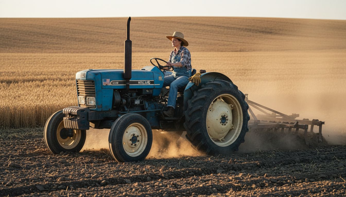 Tractor plowing with visible ballast weights