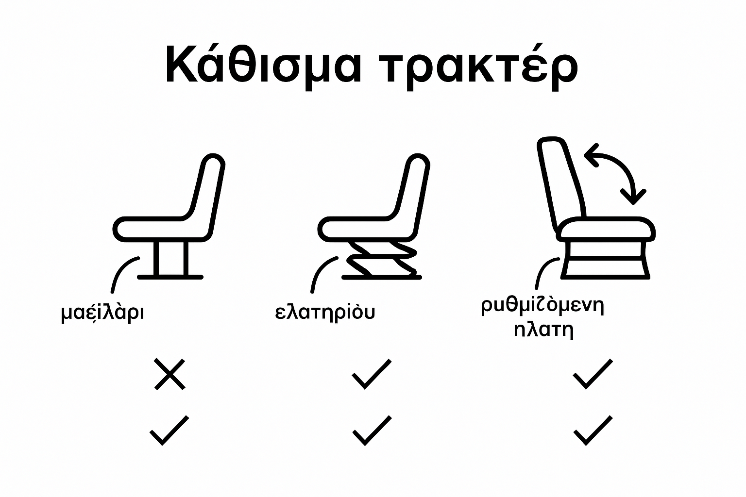 Ενημερωτικό γράφημα με συγκριτική παρουσίαση τύπων και χαρακτηριστικών καθισμάτων για τρακτέρ