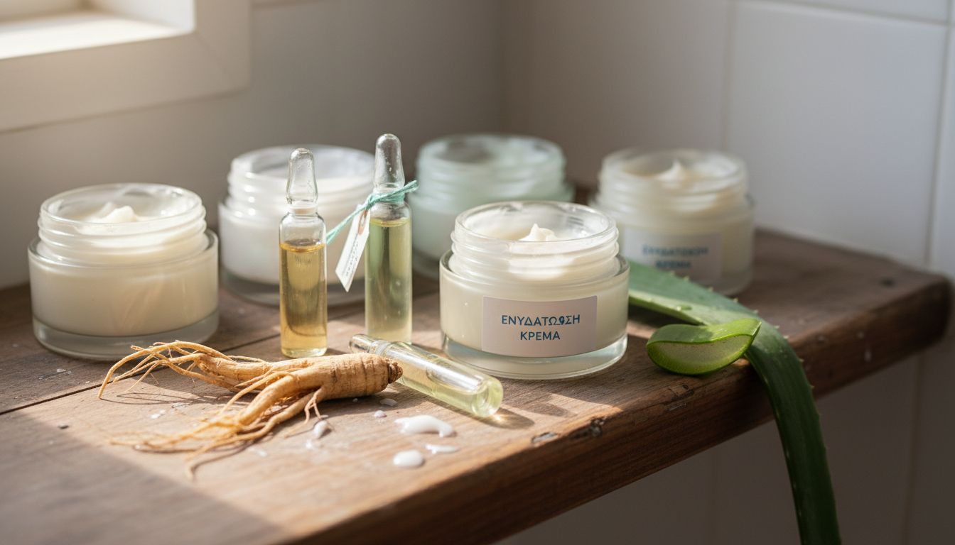 Λεπτομέρεια από βαζάκια με συστατικά K-Beauty επάνω σε ράφι