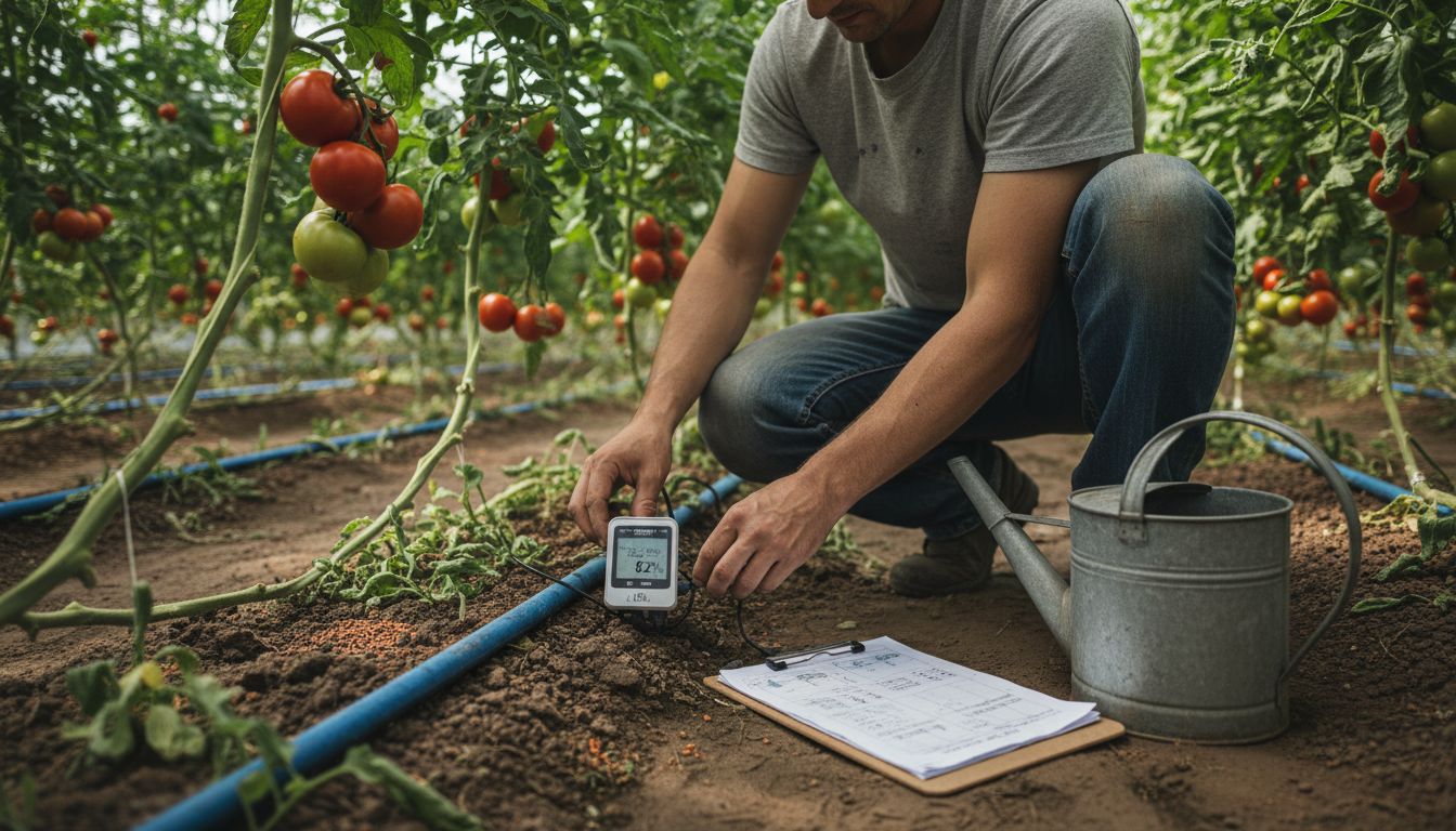 Technician adjusts sensor in modern greenhouse