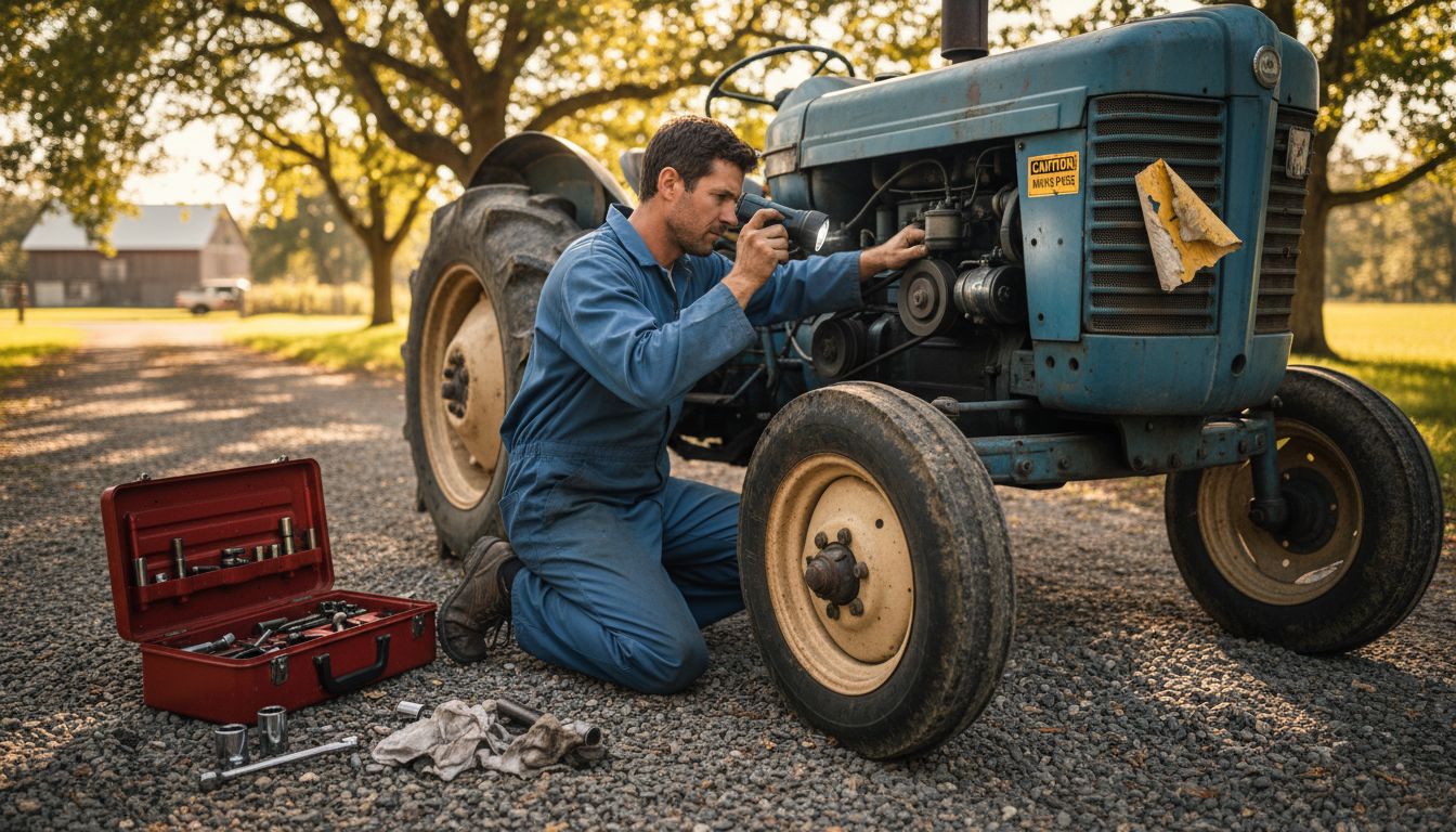 Mechanic inspecting worn tractor engine parts