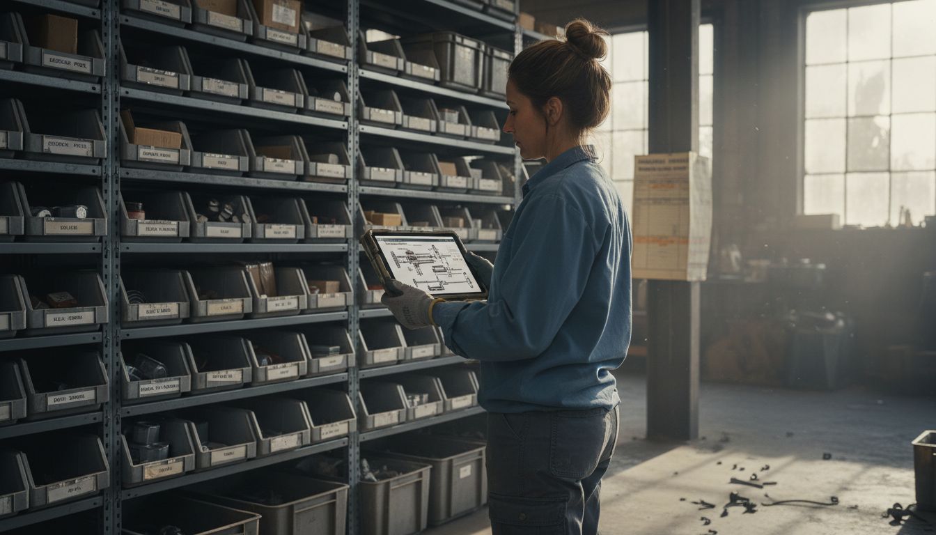 Woman checking digital parts catalog in shop