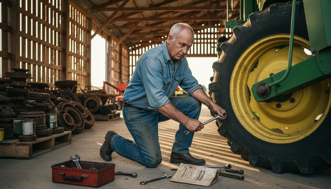 Mechanic repairing harvester in barn setting