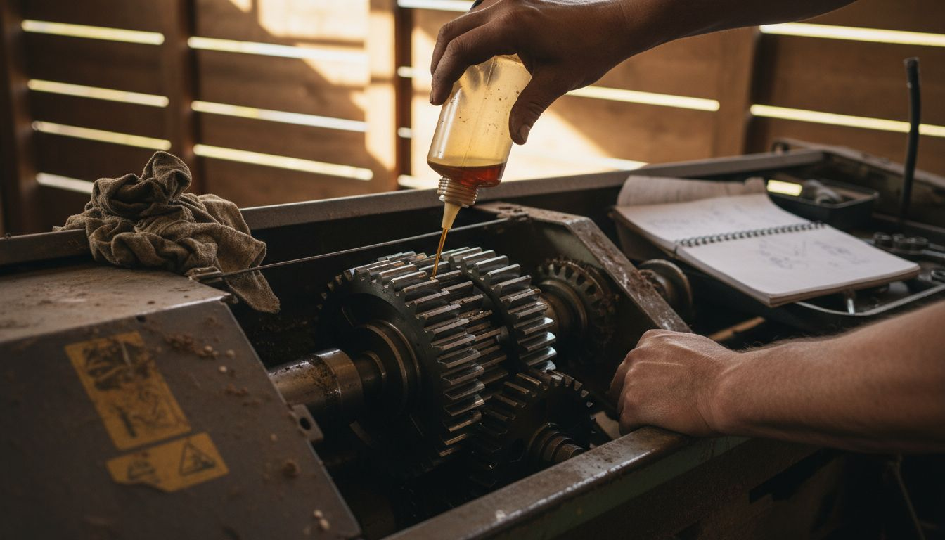Mechanic applying lubricant to machinery gears