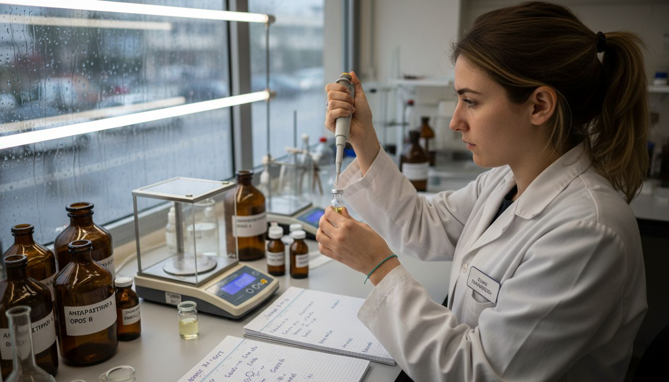 Εργαστηριακός τεχνικός ετοιμάζει νέο ορό περιποίησης προσώπου στο εργαστήριο, ακολουθώντας αυστηρά επιστημονικά πρότυπα.