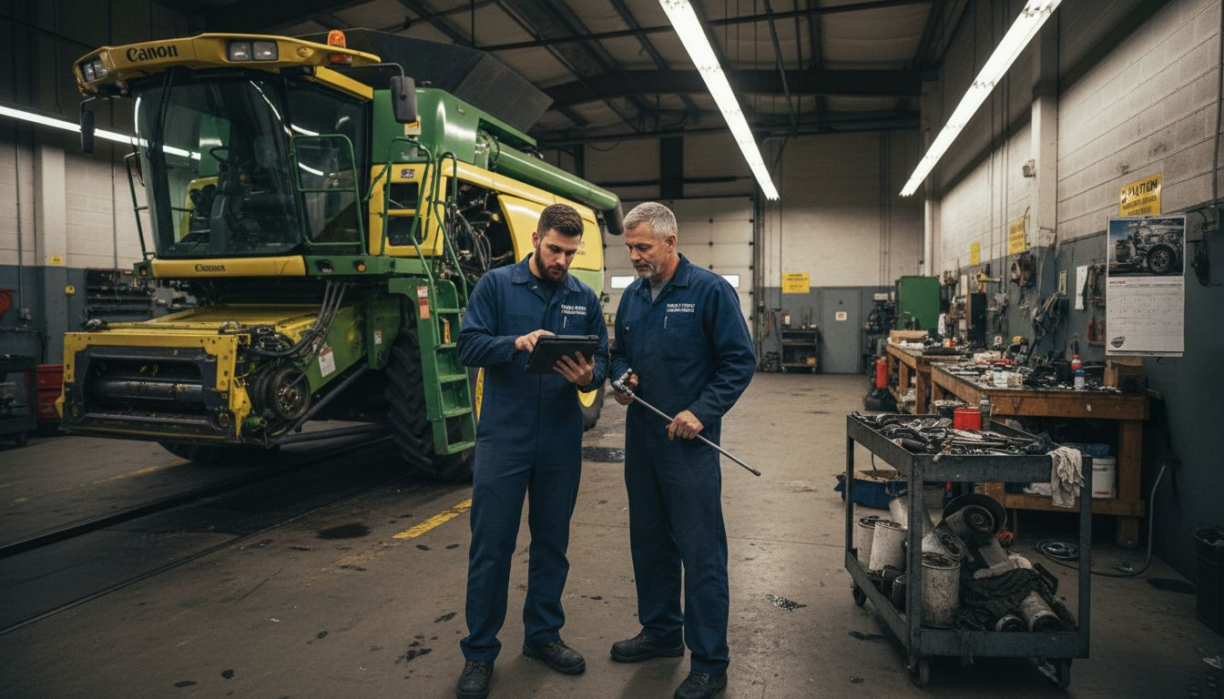 Technicians servicing combine harvester in bay