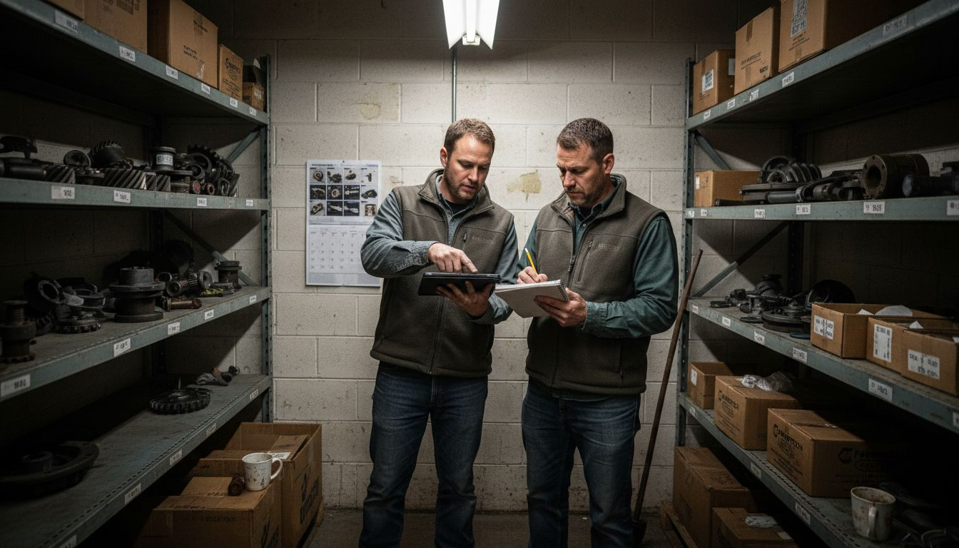 Buyers checking tractor parts in warehouse