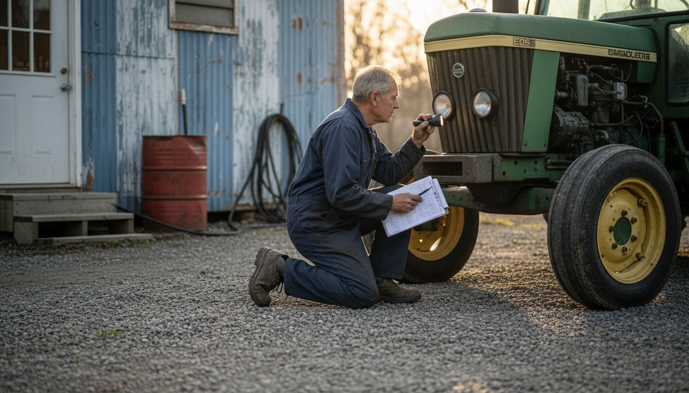 Mechanic performing pre-operational tractor inspection