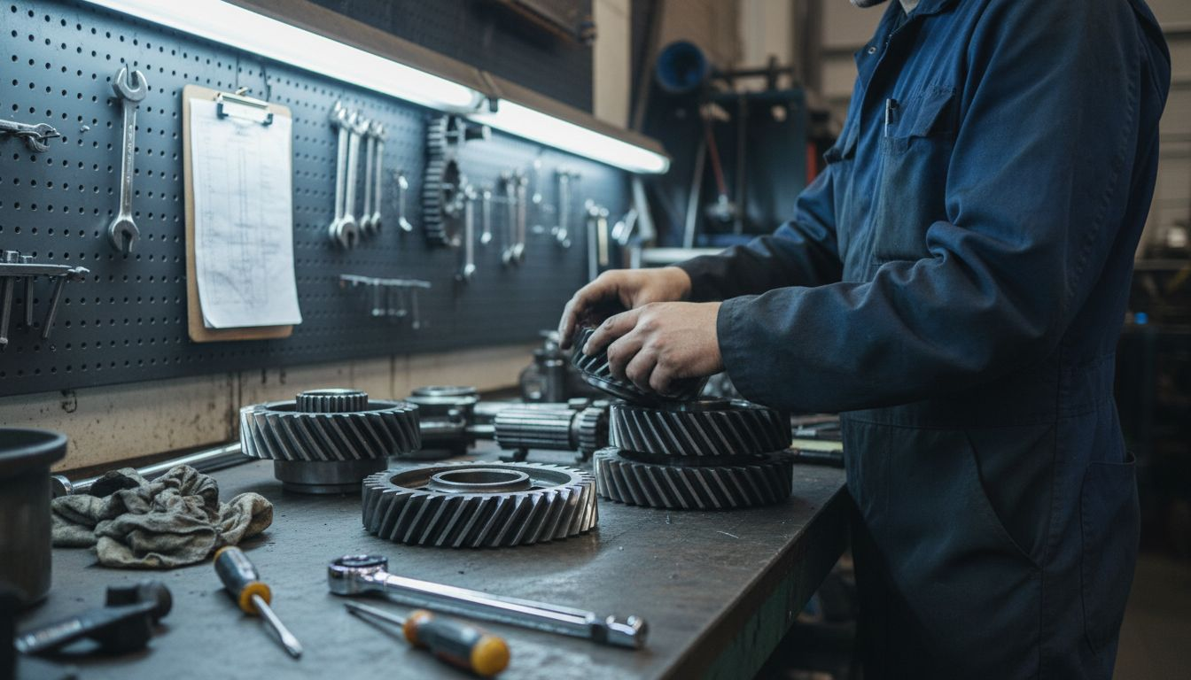 Mechanic examining tractor gearbox gears