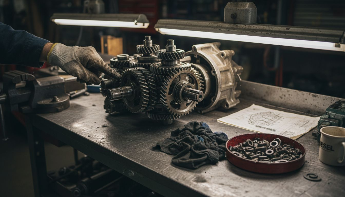Closeup showing tractor transmission gears and parts