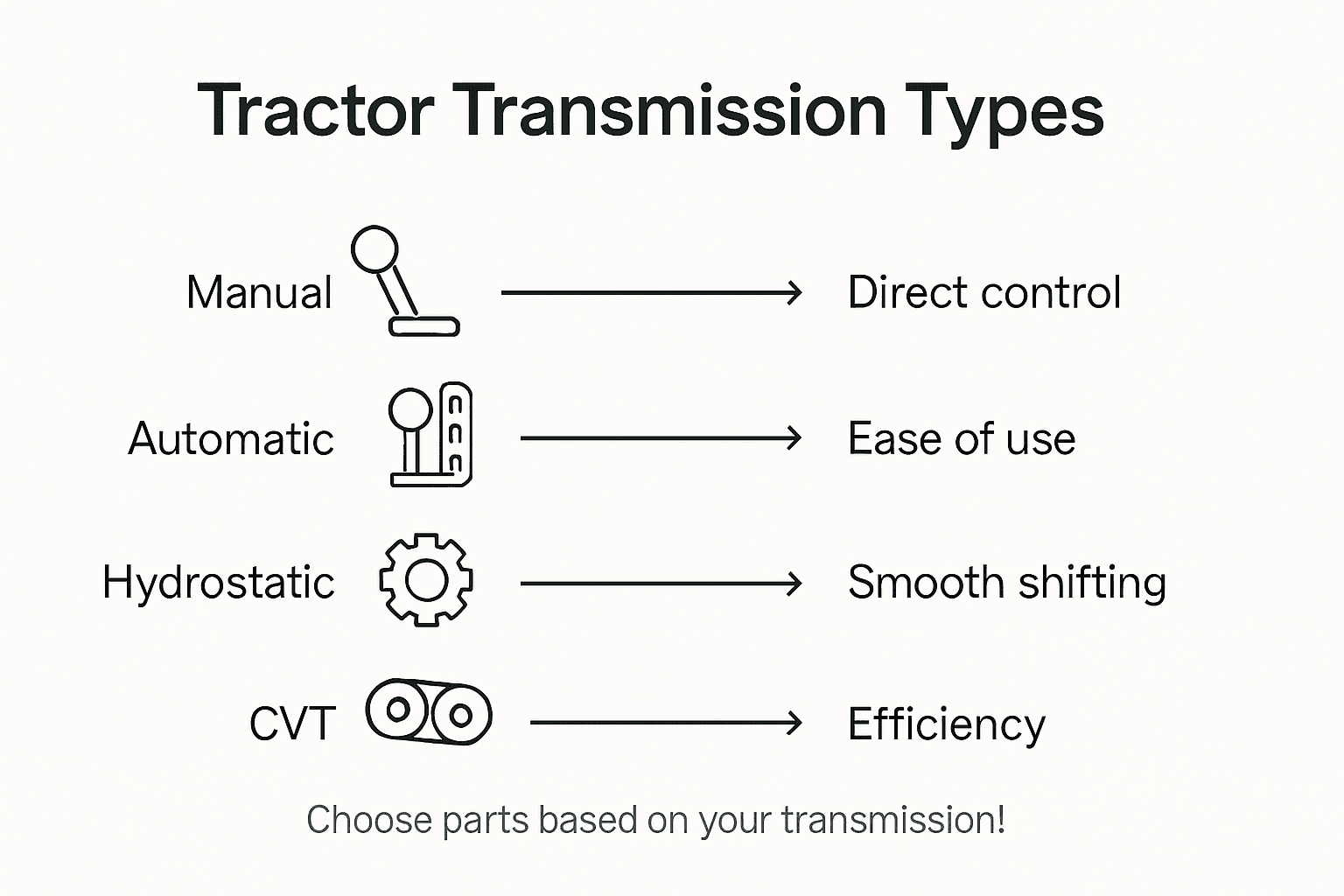 Infographic categorizing tractor transmission types and benefits