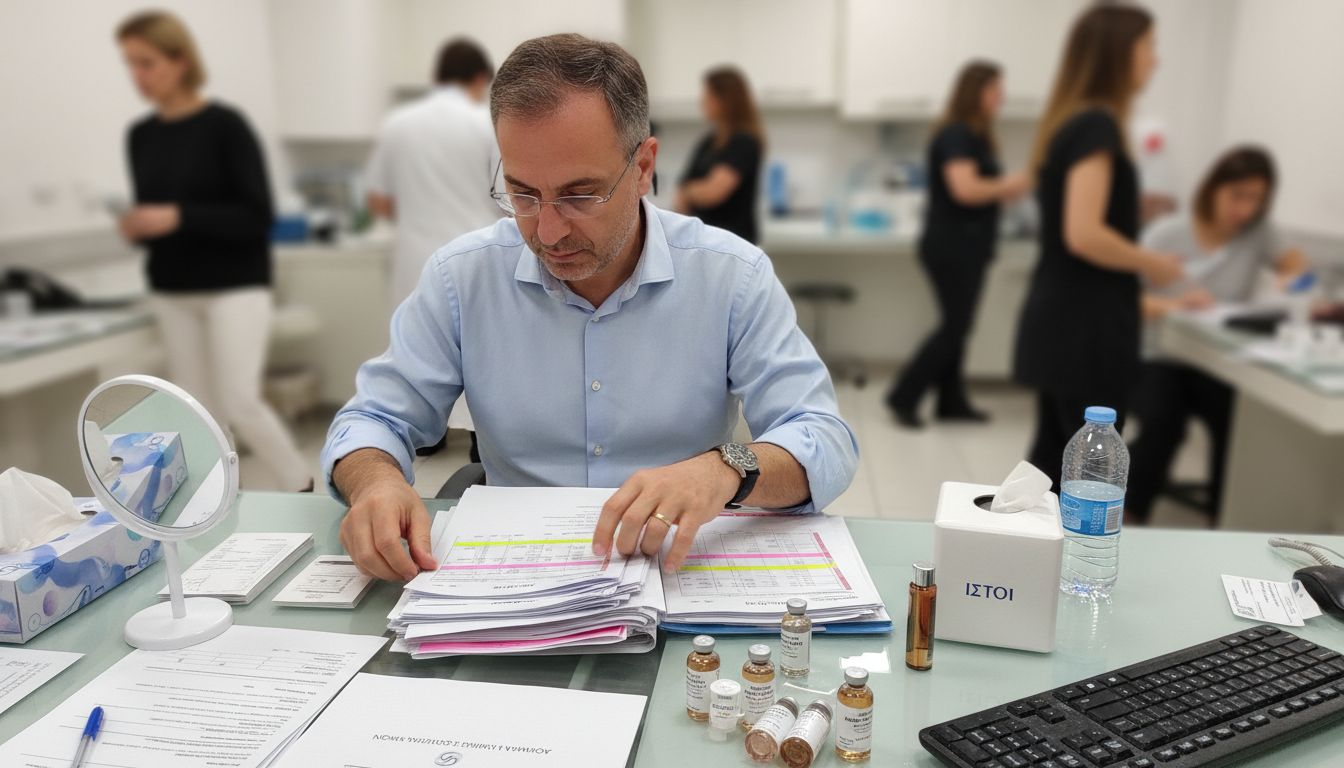 Η δερματολόγος οργανώνει τα αρχεία των ασθενών της, προετοιμάζοντας τη συζήτηση σχετικά με τους τύπους δέρματος.