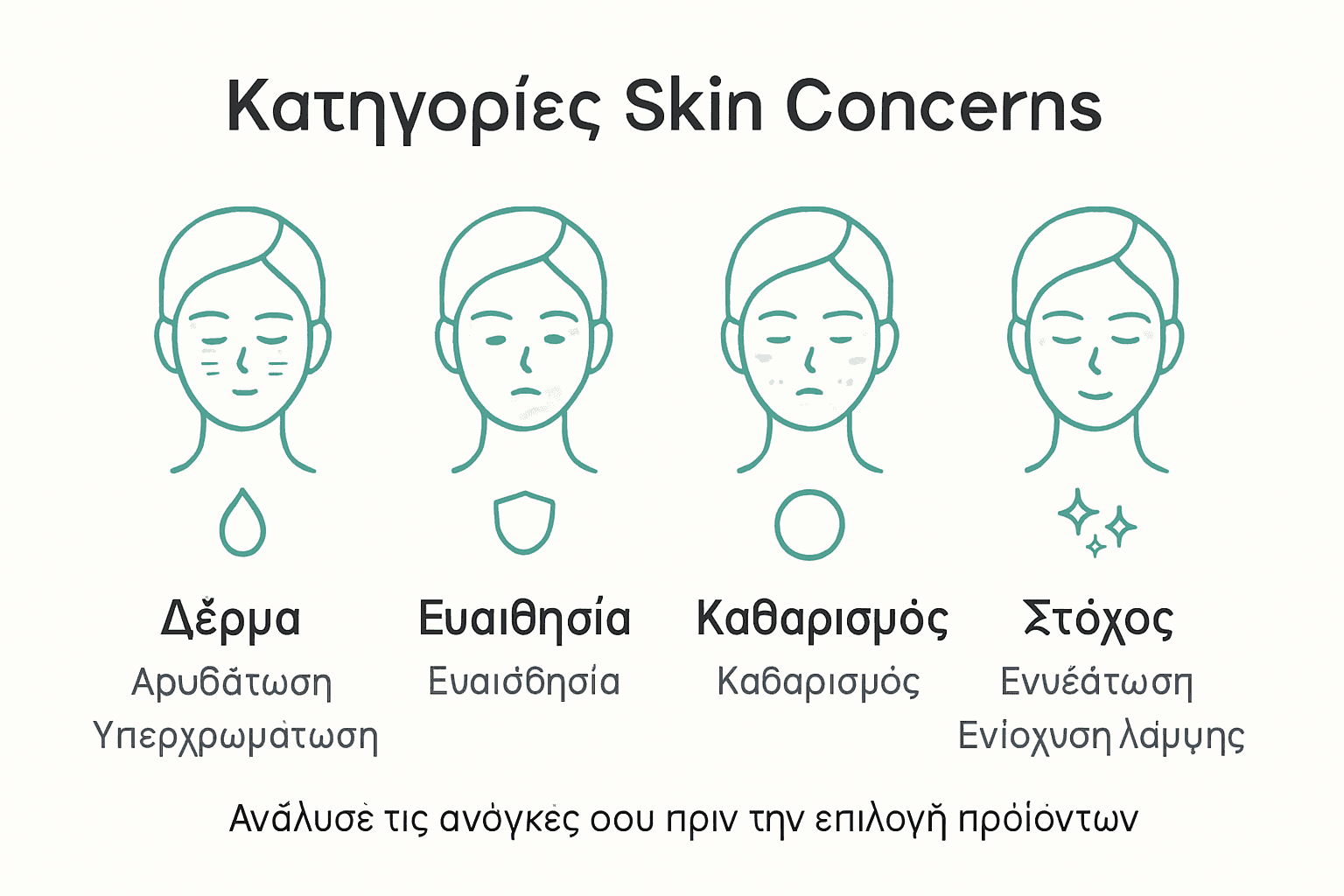 Γραφική απεικόνιση με τις βασικές κατηγορίες προβλημάτων επιδερμίδας που αντιμετωπίζει η K-beauty