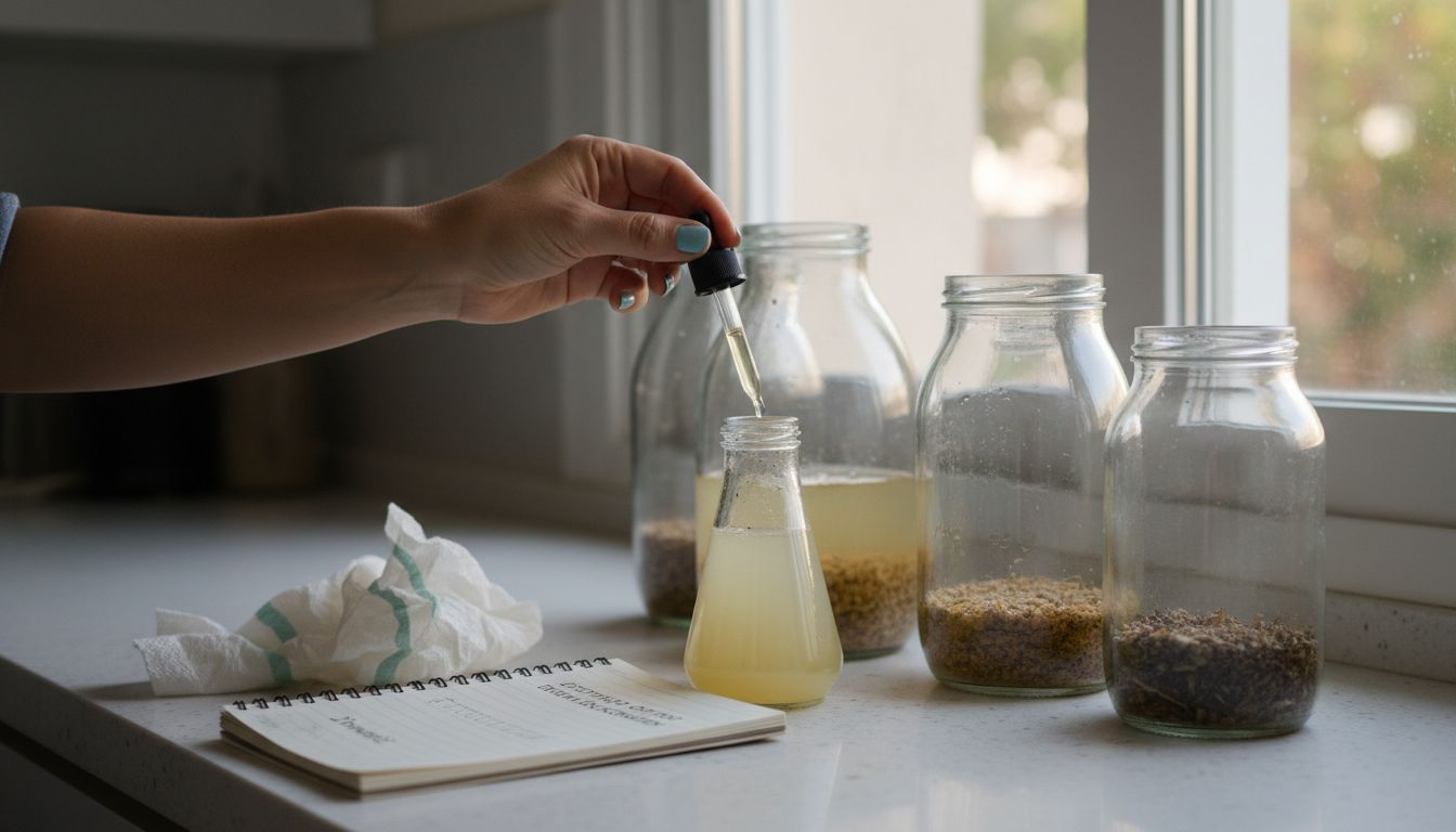 Fermented Skincare: Τα Οφέλη στη Ρουτίνα Ομορφιάς 2 Χέρι που χρησιμοποιεί σταγονόμετρο για να εφαρμόσει προϊόντα περιποίησης με ζυμωμένα συστατικά σε βαζάκια.