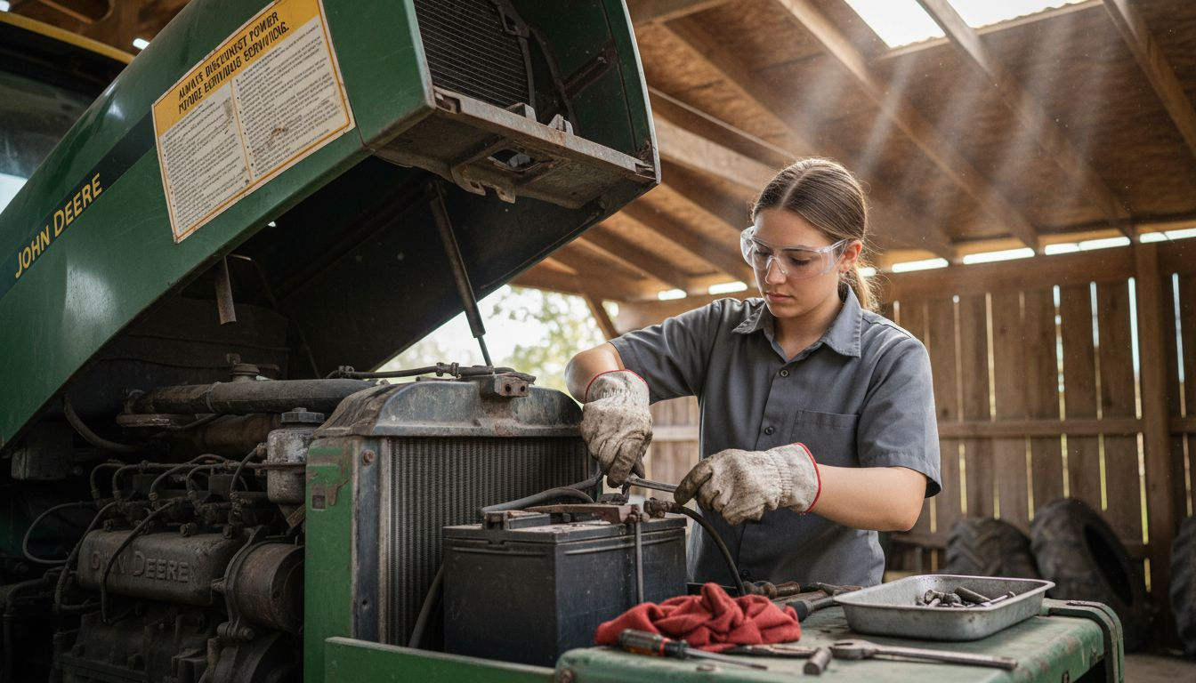 Woman following tractor disassembly safety steps