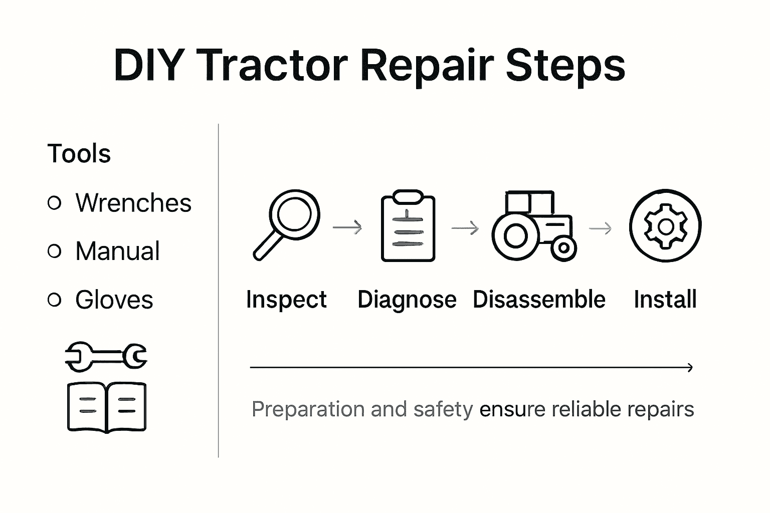 Infographic showing five basic tractor repair steps