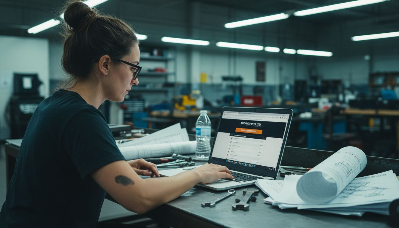 Worker ordering machinery parts on laptop