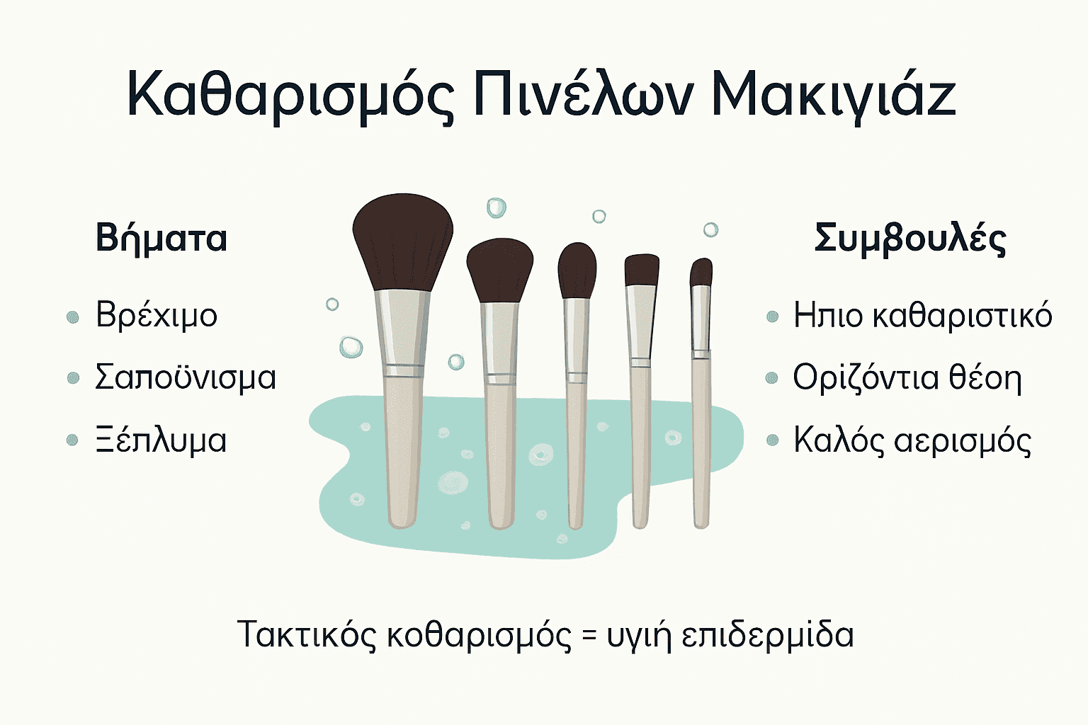Εικονογραφημένος οδηγός με βήματα και χρήσιμες συμβουλές για το σωστό καθάρισμα των πινέλων μακιγιάζ.