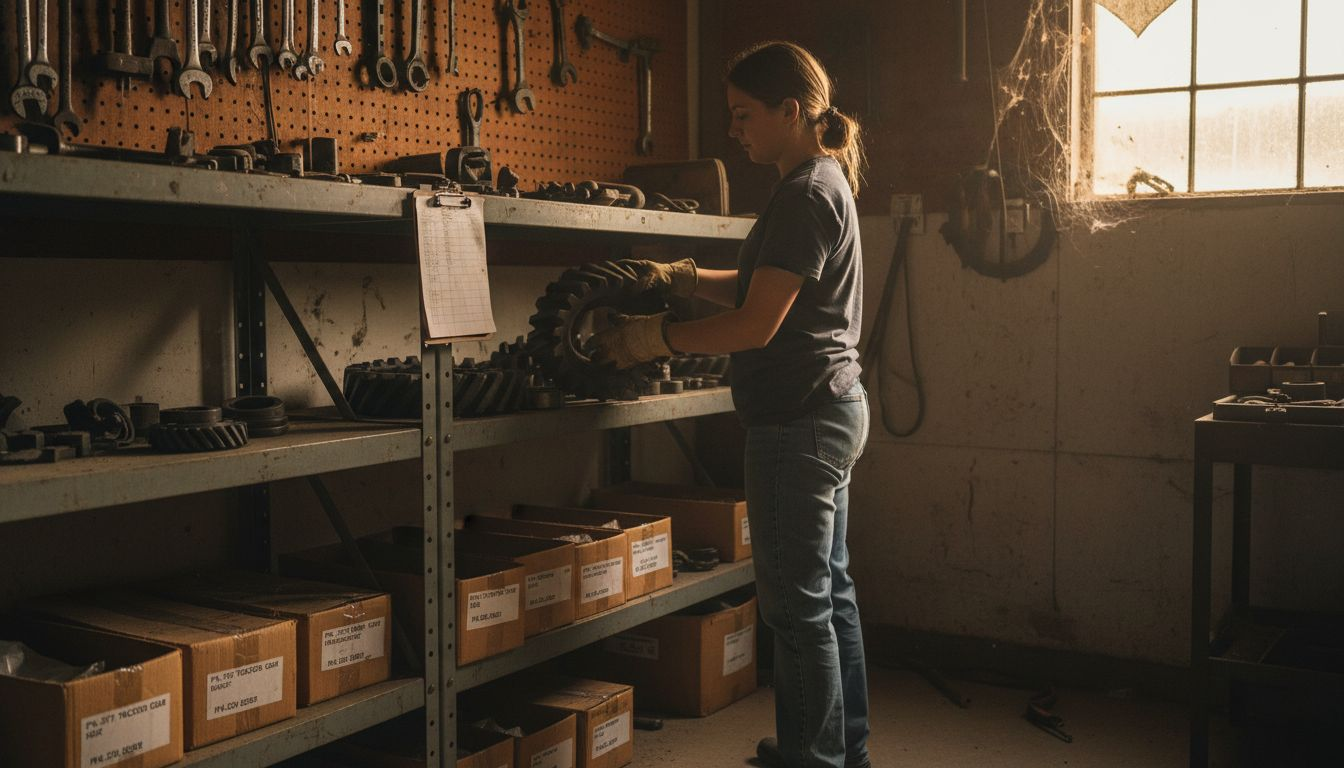 Farmhand organizing spare parts on storage shelf