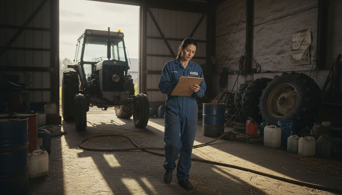 Technician recording tractor inspection during maintenance