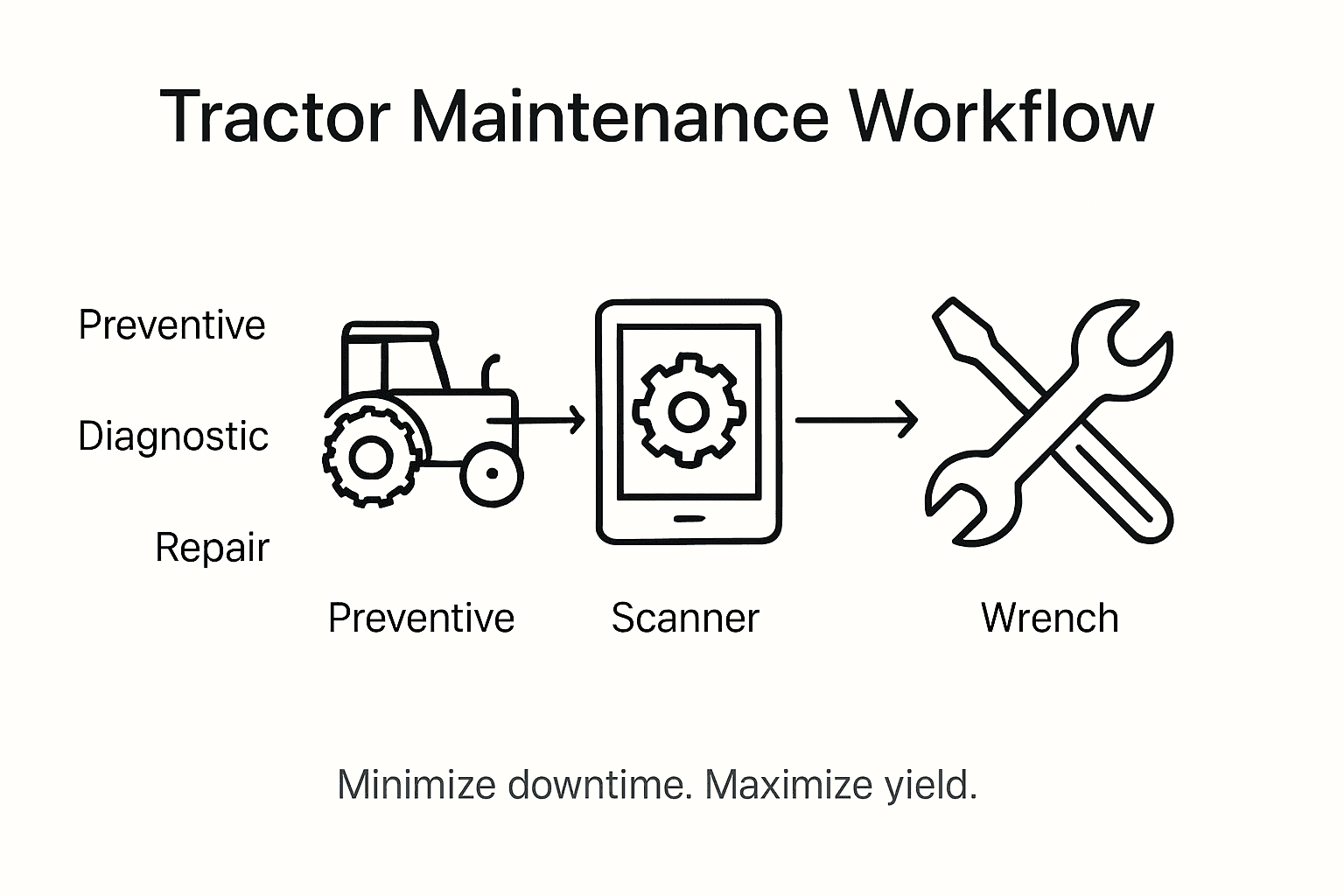 Infographic of tractor maintenance workflow stages and tools