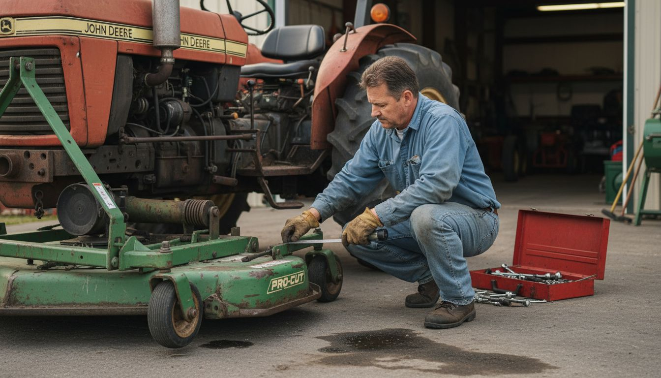 Technician inspects and aligns tractor accessory