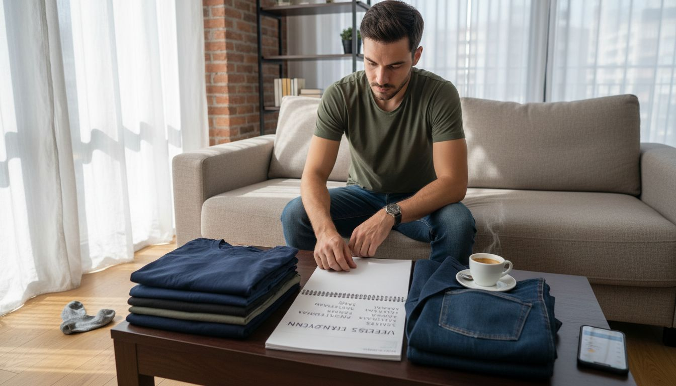 Άντρας Οργανώνει Τη Γκαρνταρόμπα Του, Καθισμένος Στο Σαλόνι Του Σπιτιού.