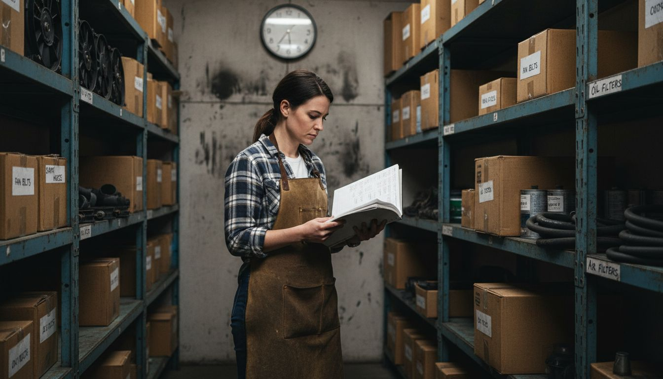 Inventory manager inspecting tractor engine parts