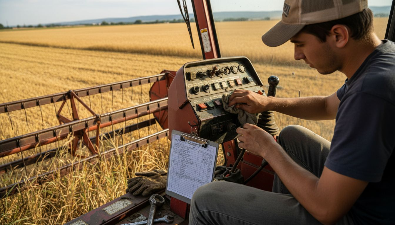 Operator inspecting combine harvester controls