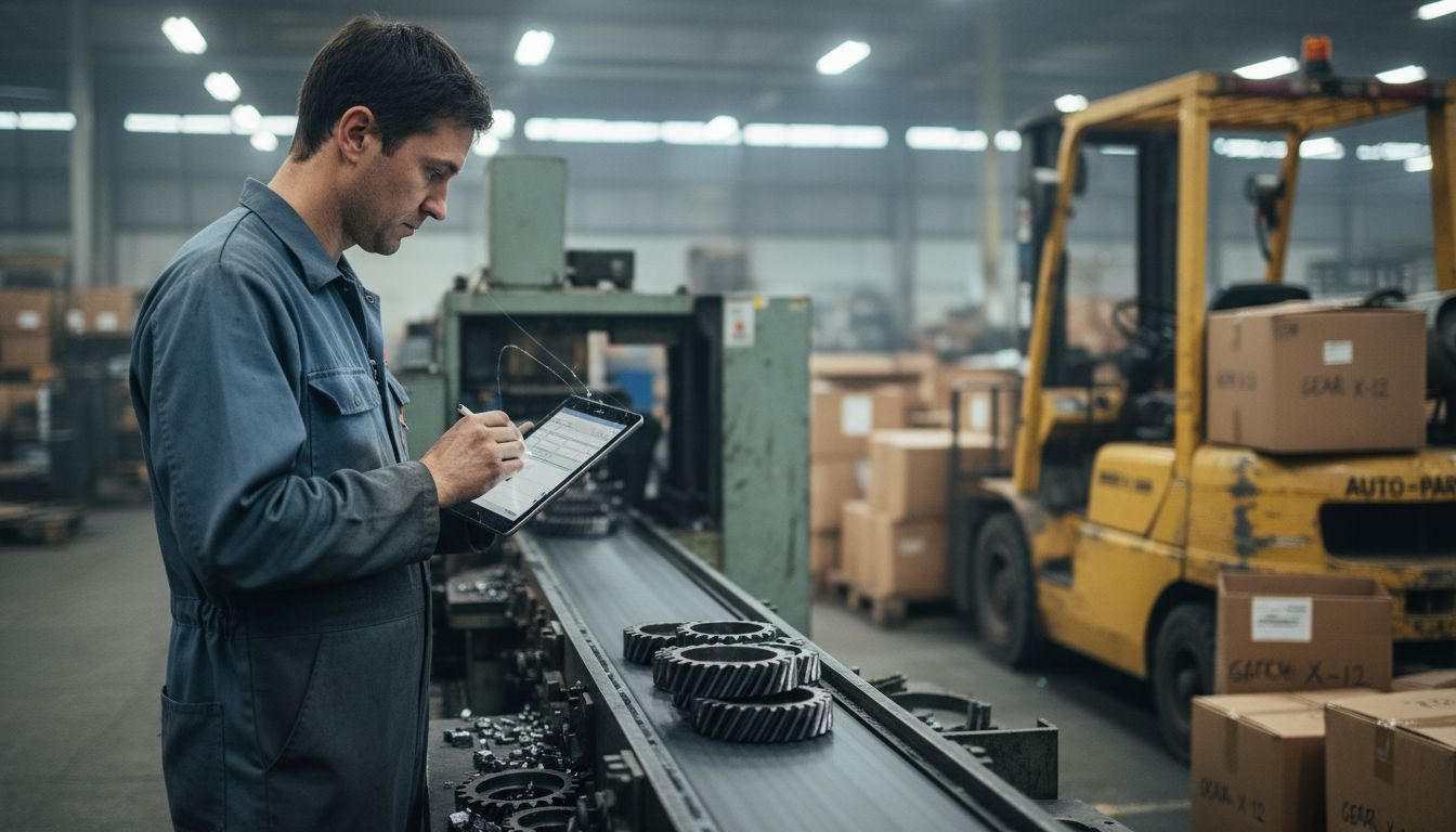 Worker inspecting gears at parts factory