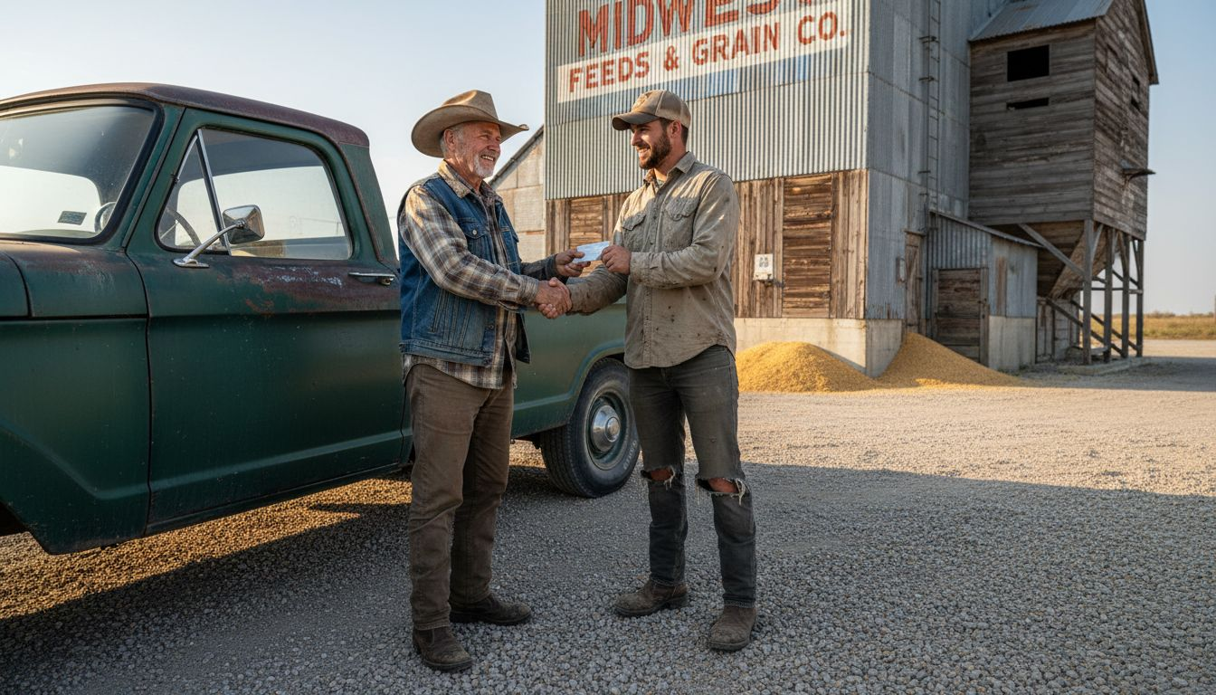Farmer and landowner handshake at grain elevator