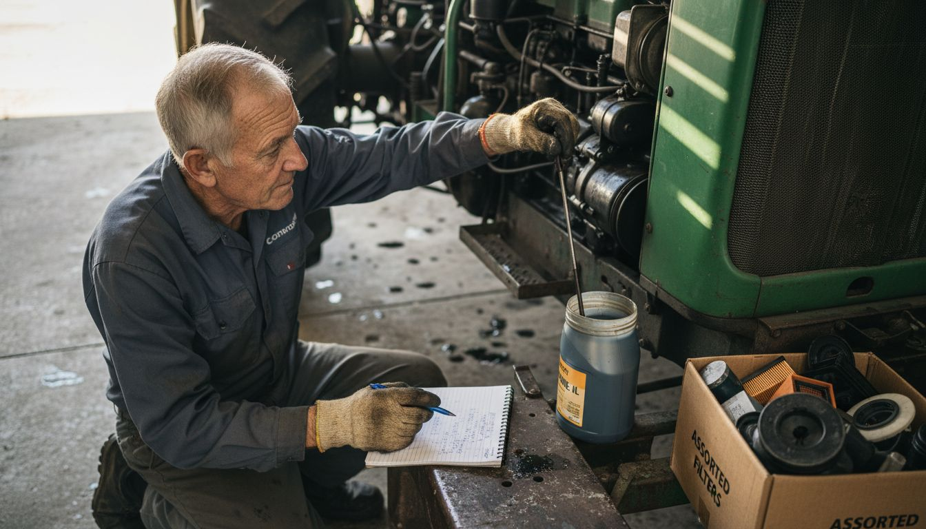 Mechanic checking tractor engine fluid levels