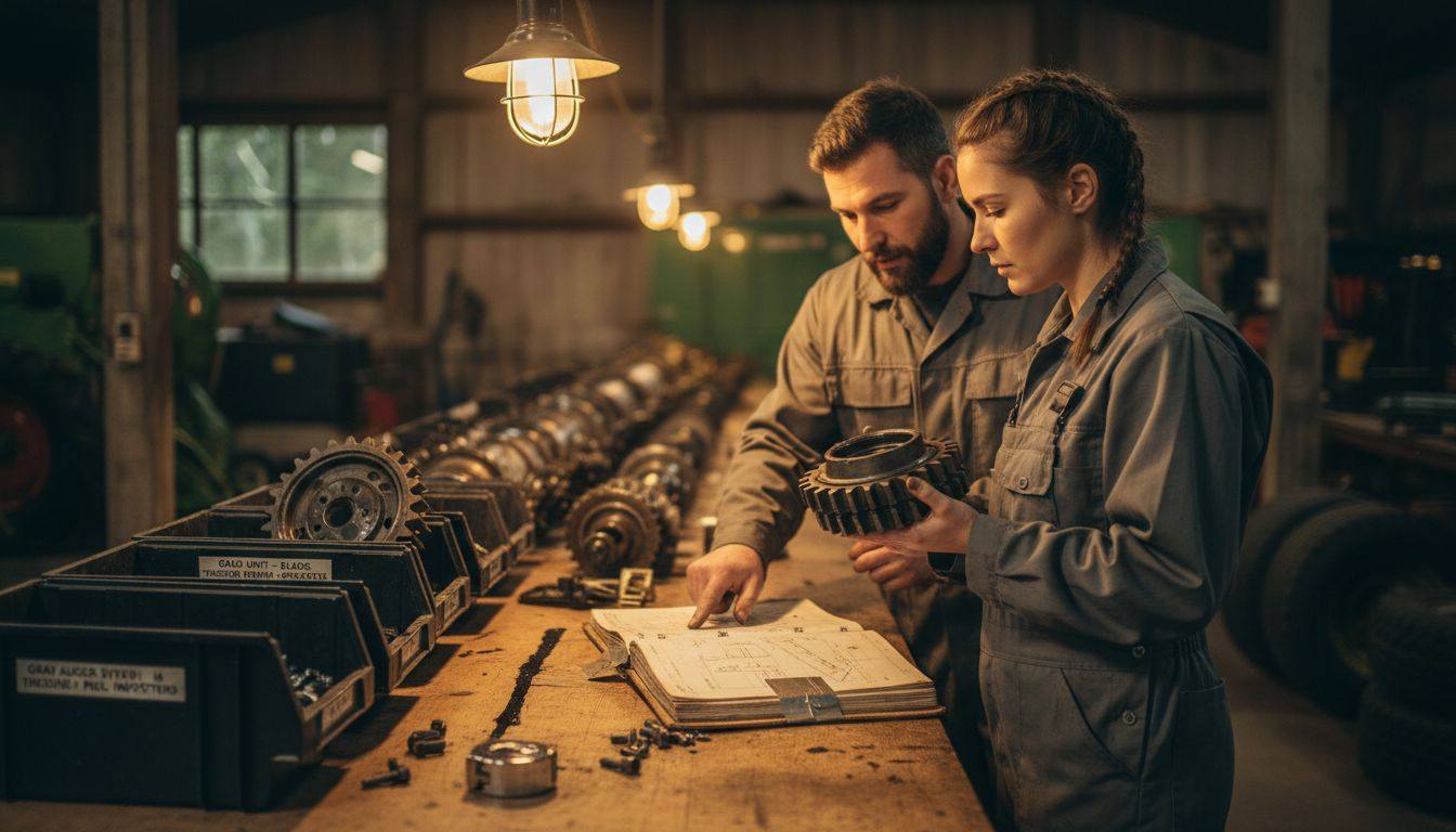 Technicians checking compatibility of machinery parts