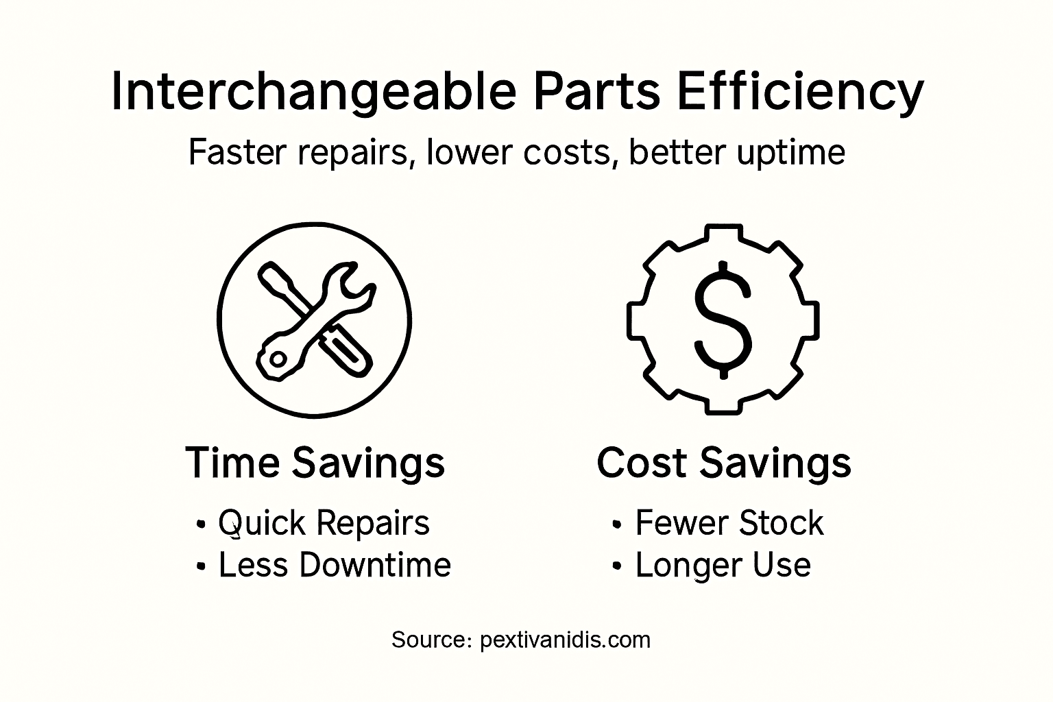 Infographic showing efficiency benefits of part interchangeability
