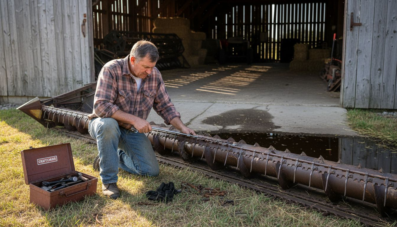 Farmer maintains grain header blade outdoors