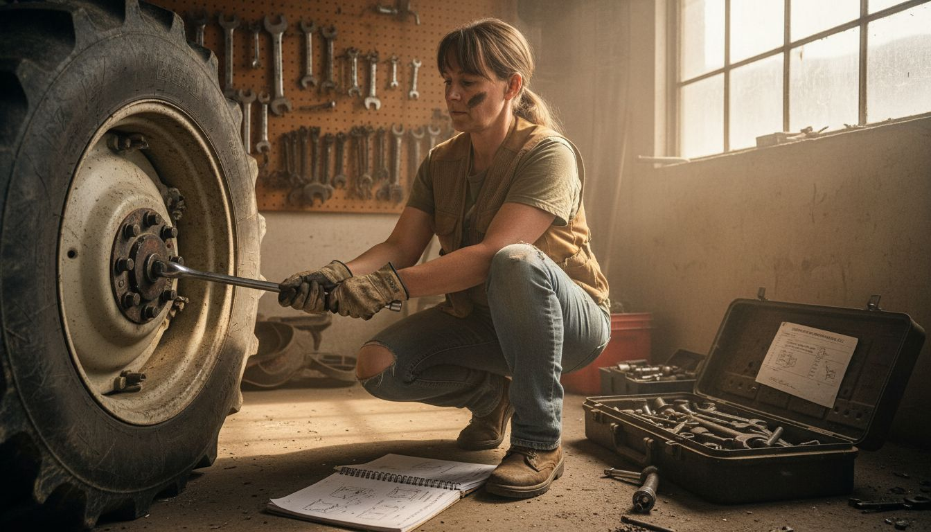 Farm worker maintaining tractor wheel with tools nearby