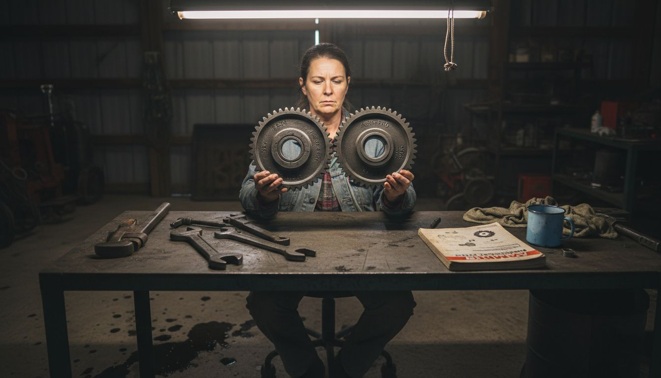 Operator comparing genuine and counterfeit machine parts