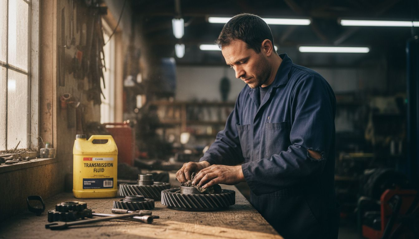 Mechanic cleaning tractor transmission gears