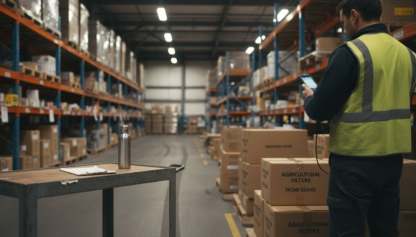 Supervisor scanning parts in warehouse aisle