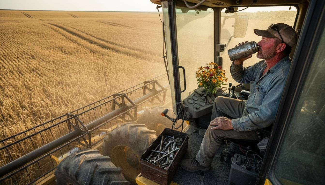 Combine operator inside harvester during wheat harvest