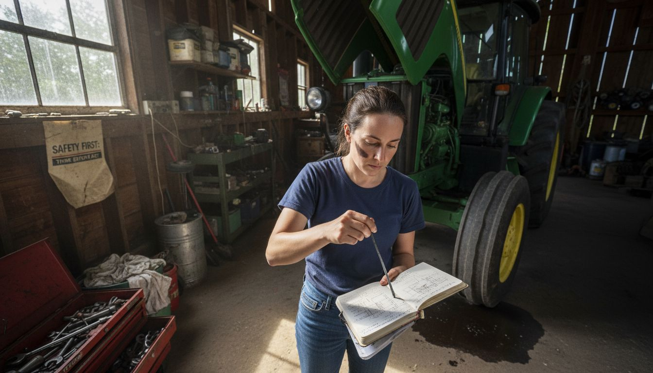 Mechanic checking tractor engine oil dipstick