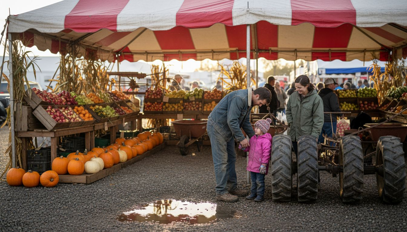 Visitors inspecting tractor tires and produce at fair