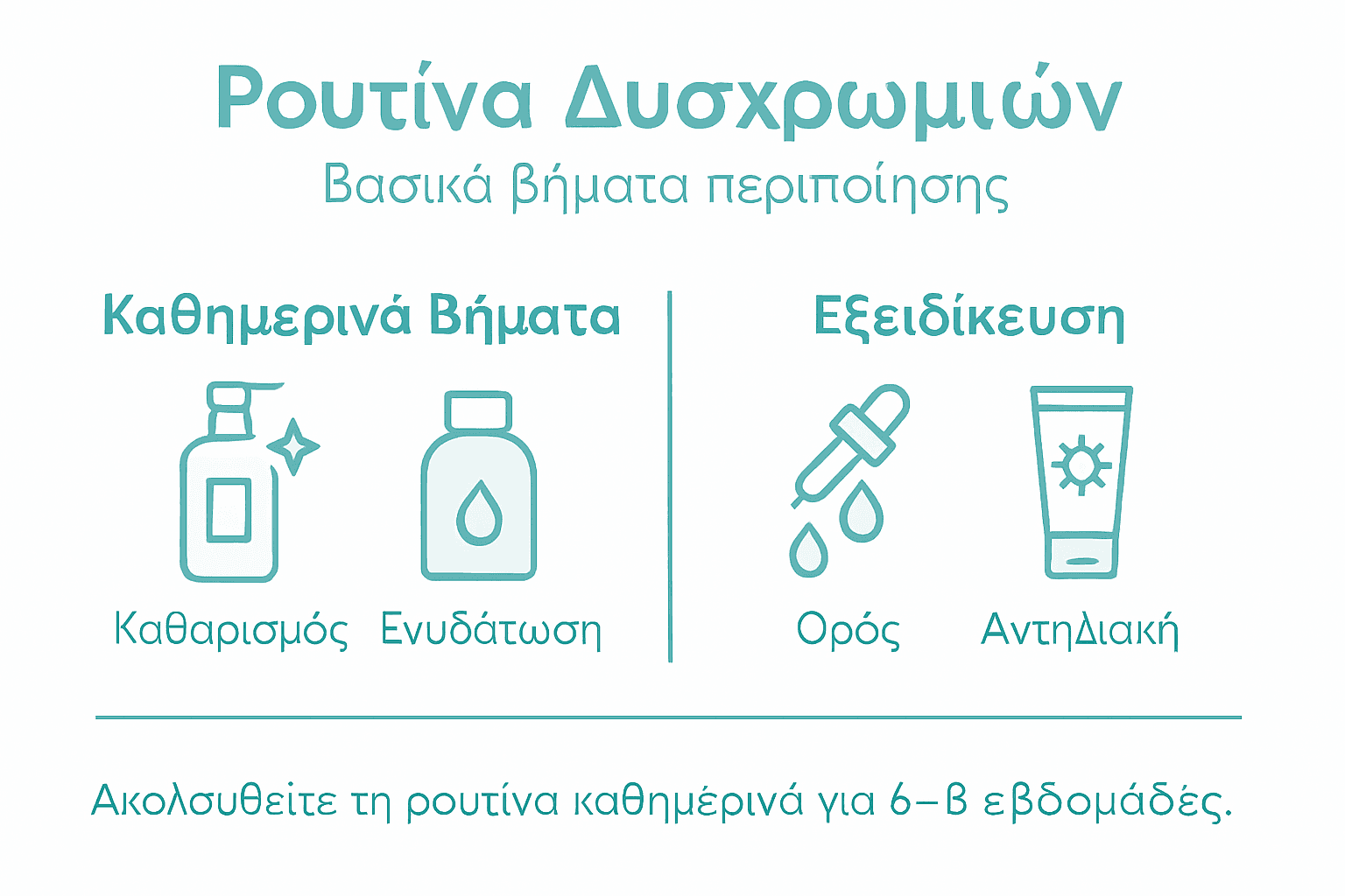 Εικονογραφημένος οδηγός με τα βασικά βήματα φροντίδας για την αντιμετώπιση των δυσχρωμιών στο δέρμα